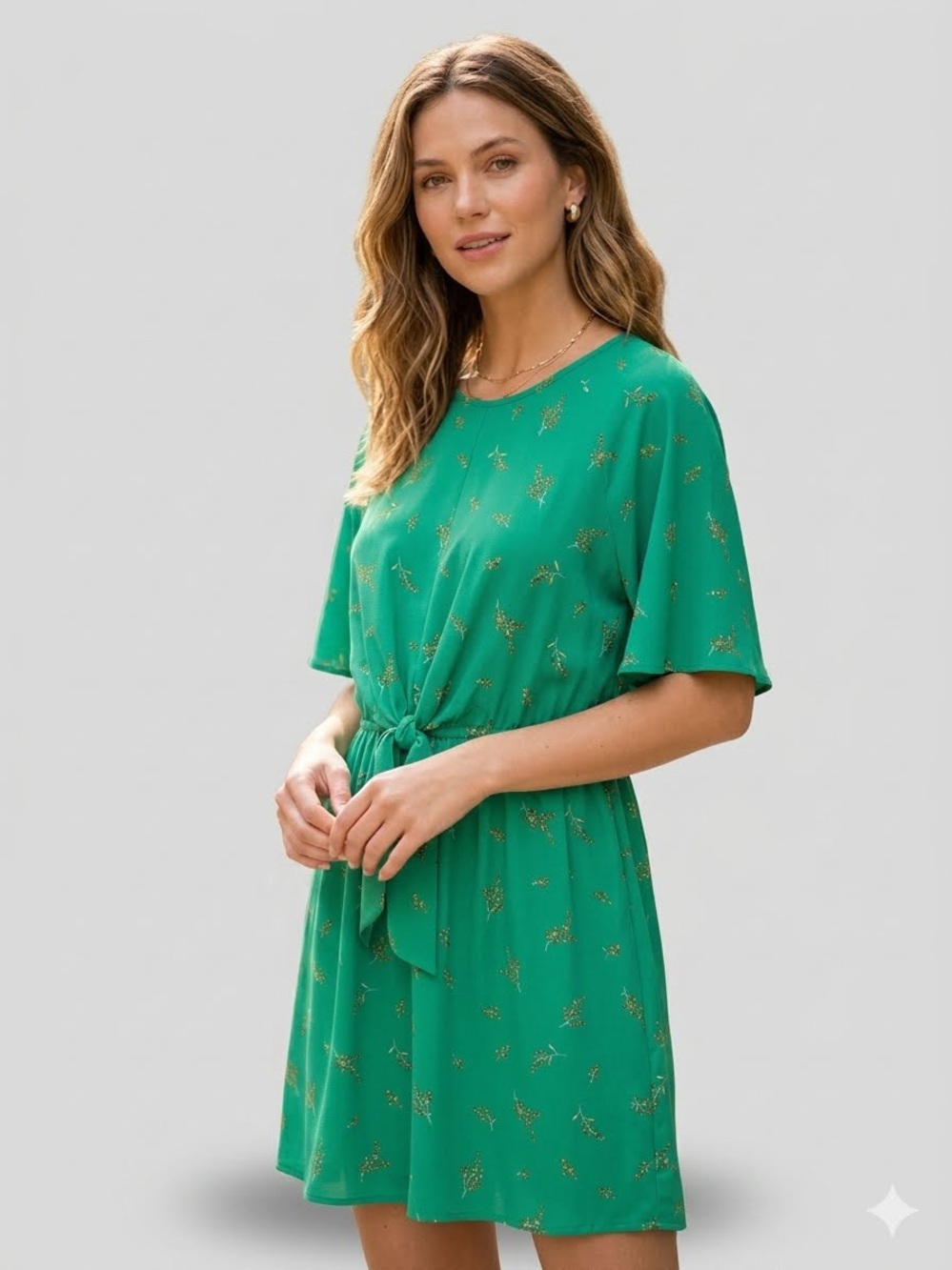 As U Wish Green Floral Flutter Sleeve Midi Dress Size L Tie Front Crepe